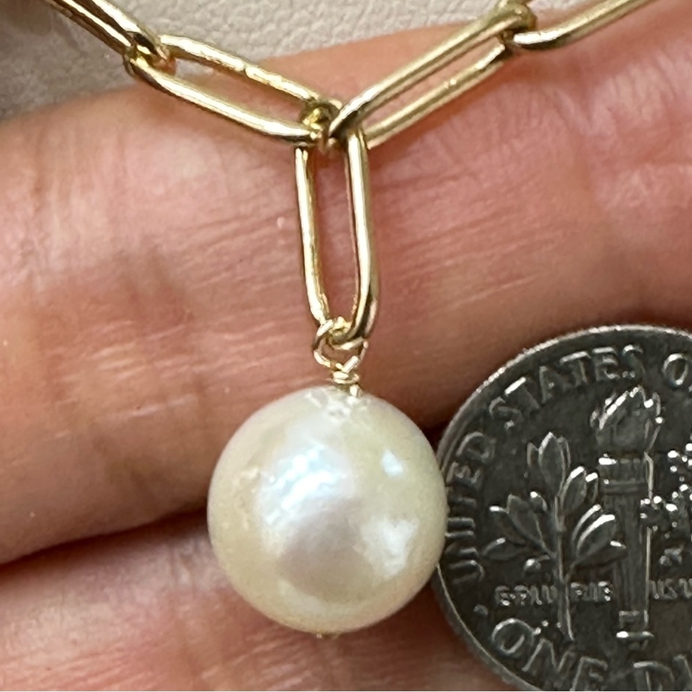 HANDMADE 10mm White Cultured Pearl 14K Paperclip Necklace 19 Inches - Adjustable - Picture 3 of 8